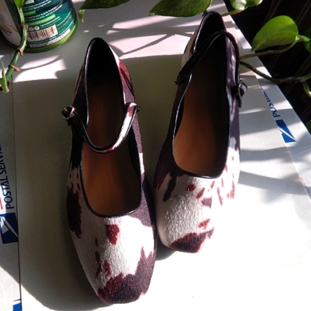 Ballet Mary Jane Flats in Brown & White Cowhide Print - Picture 12 of 14